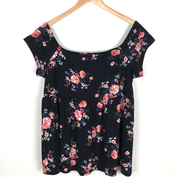 torrid Tops - Torrid Babydoll Off the Shoulder Black Floral Top